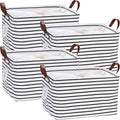 Hinwo 4-Pack Large Canvas Fabric Storage Baskets with Handles, 31L Rectangle Storage Bins, Collapsible Storage Box, Clothes, Toys, Blankets Organizers, 16.5 x 11.8 x 9.8 inches, (Black Stripe)