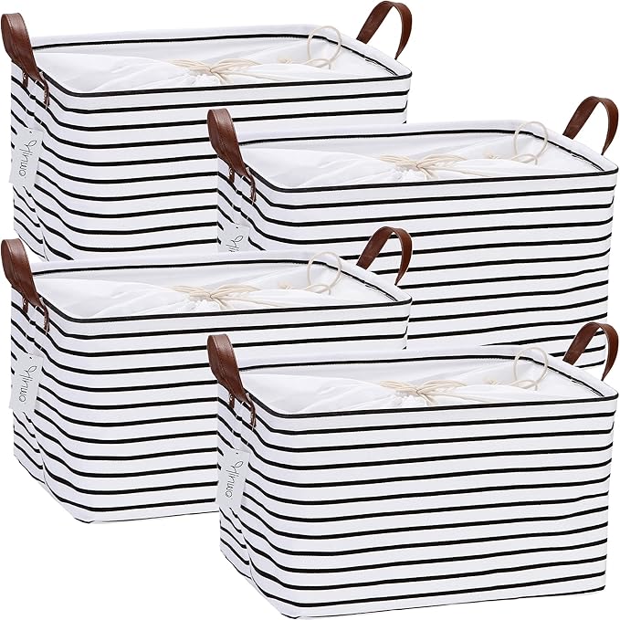 Hinwo 4-Pack Large Canvas Fabric Storage Baskets with Handles, 31L Rectangle Storage Bins, Collapsible Storage Box, Clothes, Toys, Blankets Organizers, 16.5 x 11.8 x 9.8 inches, (Black Stripe)