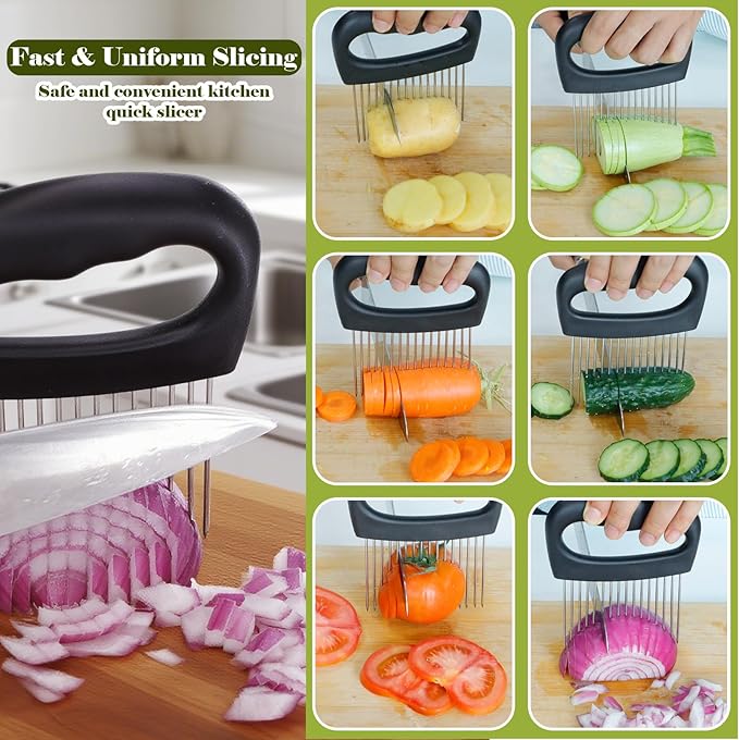 FANTEXY Onion Holder for Slicing - Onion Slicer and Meat Tenderizer Extra Large 16-Prong Stainless Steel, Vegetable Chopper for Potatoes, Tomatoes Slicer Assistant Tool for Lemons,Avocados,Carrot