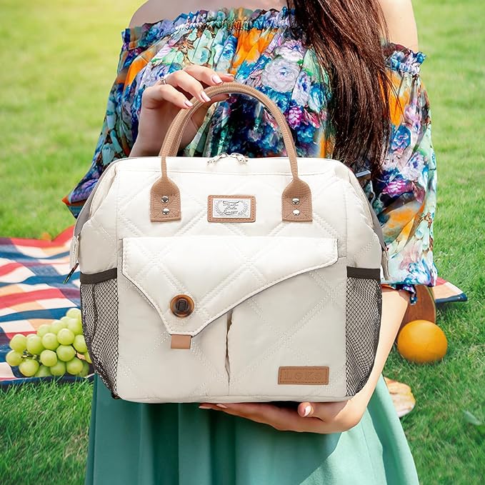 Lekesky Lunch Bag for Women Insulated Lunch Box Leakproof Lunchbox for Adult Work, Quilted Beige
