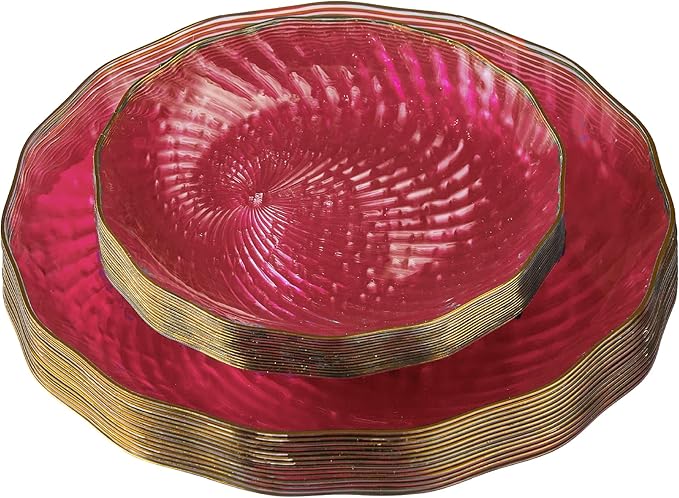 PLASTICPRO 30 Pack Plastic Plates Set of 15-10 inch Plate and 15-7 inch Plates, Elegant Clear Pink Spiral and Gold Rim Disposable Fancy Plate Premium Heavyweight