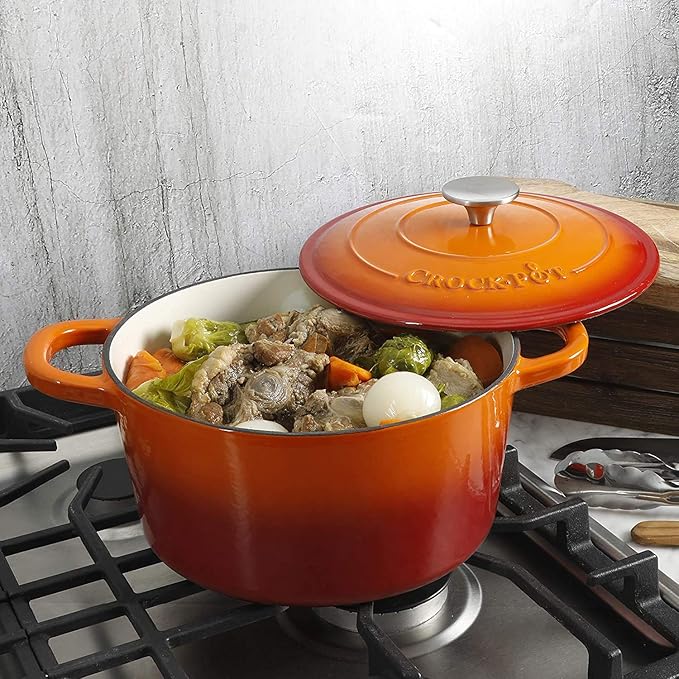 Crock-Pot Artisan 5-Quart Round Enameled Cast Iron Dutch Oven – Sunset Orange, Durable Heavy-Duty Cookware for Slow Cooking, Roasting, Baking with Lid