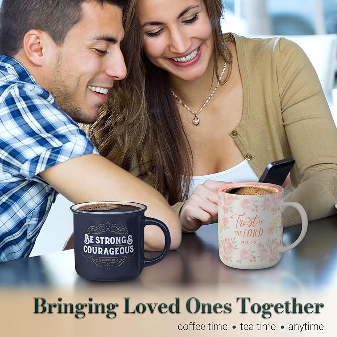 Christian Art Gifts Inspirational Ceramic Coffee & Tea Scripture Mug for Men & Women: Strong & Courageous Bible Verse, Microwave & Dishwasher Safe Non-toxic Beverage Cup, Dark Navy Blue/White, 13 oz.