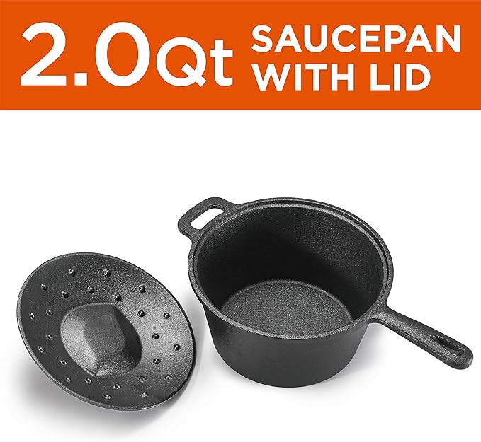 COMMERCIAL CHEF 2 Quart Cast Iron Saucepan, Dutch Oven Cast Iron Saucepan with Lid and Looped Handle, Camping Cookware & Sauce Pan for Indoor & Outdoor Recipes Black