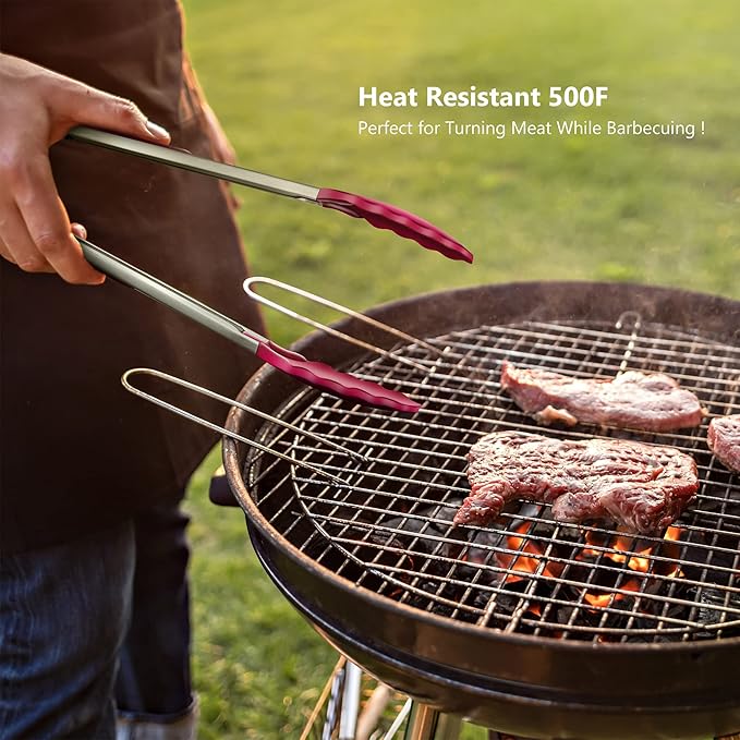 Premium Stainless Steel Food Tongs, 9-Inch & 12-Inch Wine Red Silicone BPA Free Non-Stick BBQ Cooking Grilling Locking Kitchen Tong