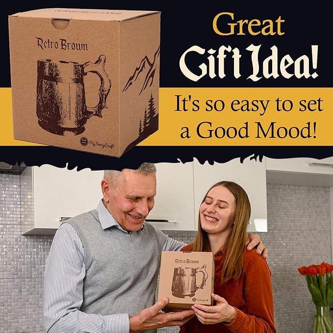Beer Mug 20 OZ - Tankard Mug - Beer stein - Wooden beer mug - Stainless Steel Cup - Handmade Gifts for Men - Fathers Day, Christmas or Birthday Gift Idea - Men Mug - Retro Brown