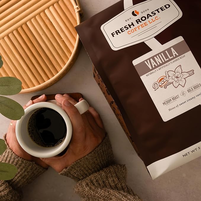 Fresh Roasted Coffee, Decaf Vanilla Flavored Coffee, 5 lb (80 oz), Medium Roast, Kosher, Whole Bean