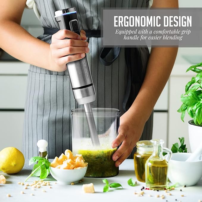 OVENTE Cordless Immersion Hand Blender, Rechargeable Handheld Portable Stick Mixer with 8 Mixing Speed Option, One-Touch Control and Stainless Steel Blades for Smoothies, Shakes or Soups, Black HR981B