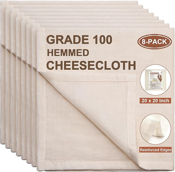 eFond Cheese Cloths, 8-Pack, 20x20Inch Squares with Hemmed Edges, Grade 100 Ultra Fine Reusable Cheesecloth for Straining, Unbleached Cotton Muslin Cloths for Cooking, Nut Milk, Butter & Baking