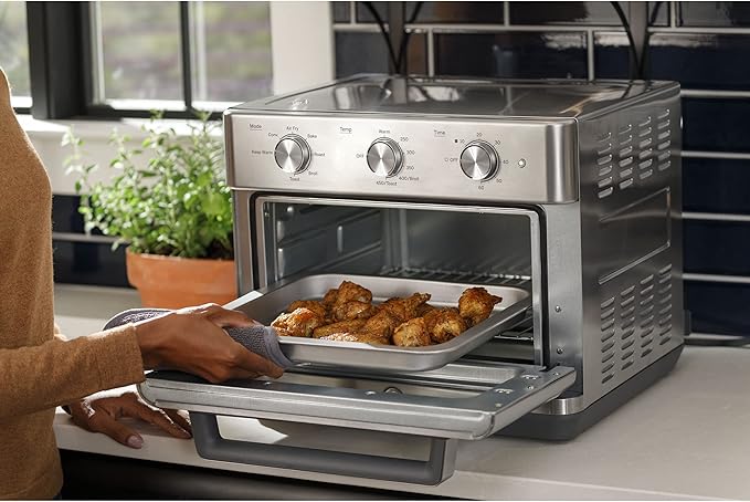 GE Mechanical Air Fryer Toaster Oven + Accessory Set | Convection Toaster with 7 Cook Modes | Large Capacity Oven - Fits 12" Pizza | Countertop Kitchen Essentials | Stainless Steel