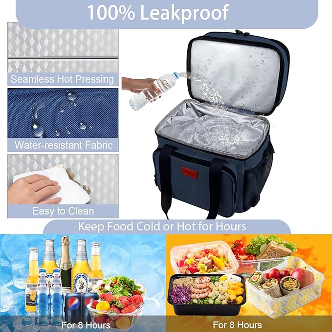 Expandable Large Lunch Box, Insulated Heavy Duty Lunch Bag Waterproof Leakproof Durable Cooler Bag for Men Women Adults Work Construction Camping Trip, 16L, Blue, GLENKEY