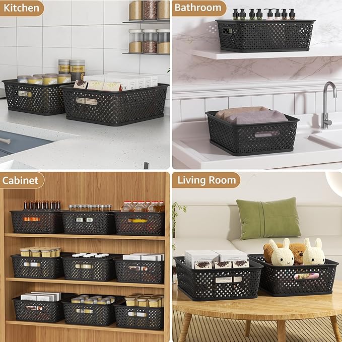 MaxGear Organization and Storage 3 Packs, Plastic Bins Organizer Bins, Woven Baskets for Storage, Plastic Baskets with Handles, Black Basket for Organizing, Basket Organizer for Home and Office, Large