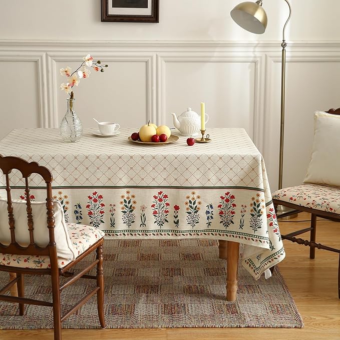 ISAENNE Designer Vintage Linen Floral Extra Long Tablecloth Rectangle,Fall Colorful Modern Table Cloth,Anti-Wrinkle Decor Tablecloths for Dining Thanksgiving Kitchen Christmas,67"*118"-Bertina E