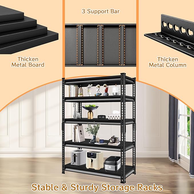 Adjustable Shelving Units and Storage, 40”W Garage Shelving Heavy Duty,2000LBS Loads 5-Tier Garage Storage Shelves, Metal Shelves for Living Room,Pantry,40”W×18”D×72”W,Black