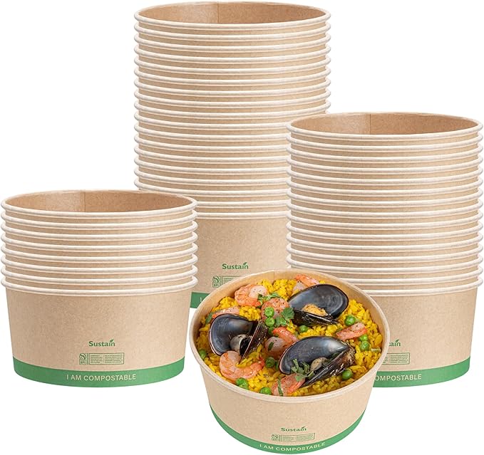 Restaurantware Paper Food Containers 50 Pack Of 44 oz Disposable Round Kraft Salad Bowls Sustainable Stackable Greaseproof Meal Prep Take Out Containers For Ice Creams, Soups, Snacks And Desserts