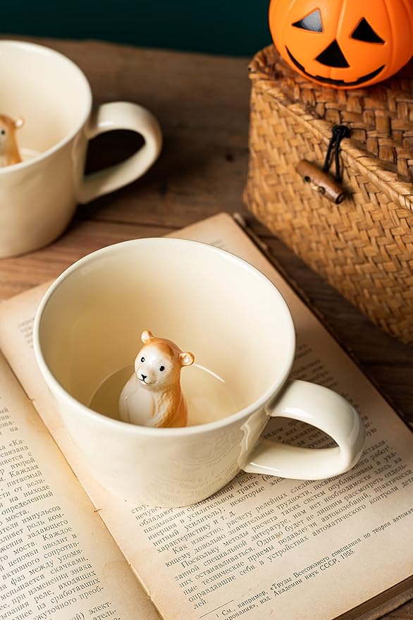 DIHOclub Bear Ceramic Cup Hidden 3D Animal Inside Mug,Cute Cartoon Handmade Figurine Mugs,Holiday and Birthday Gift for Coffee Milk Tea Lovers,12 OZ(Cream Color)