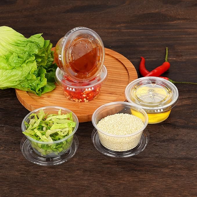 EDI Clear Disposable Plastic Portion Cups with Leakproof Lids - 50 Sets, 3.25 OZ, BPA Free, Recyclable - Jello Shot, Condiment & Dipping Sauce, Souffle Cups