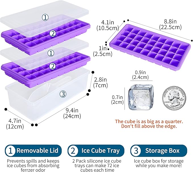 Food-grade Silicone Ice Cube Tray with Lid and Storage Bin for Freezer, Easy-Release 2 * 36 Small Nugget Ice Trays 1 ice Bucket & Scoop, Flexible Ice Cube Molds with Ice Container