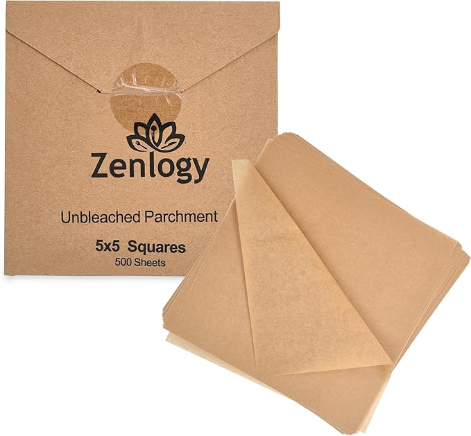 Zenlogy 5x5 Small Parchment Squares (500 sheets) - Unbleached, Non-stick, Pre-cut Parchment Paper- Ideal for Candy Wrappers, Liner Paper, Freezing and Storing, Separating, and Diamond Painting