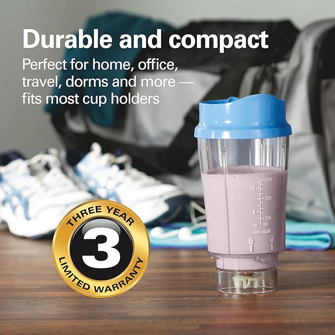 Hamilton Beach Portable Blender for Shakes and Smoothies, 14 Oz BPA Free Travel Cup & Lid, Durable Stainless Steel Blades, Personal Smoothie Blender, Tranquil Blue (51172)