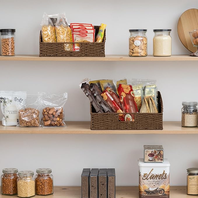 StorageWorks Pantry Baskets for Organizing, Paper Rope Storage Baskets for Shelves with Built-in Handles, Pantry Organizers and Storage, Brown, Set of 2 (Large and Medium)