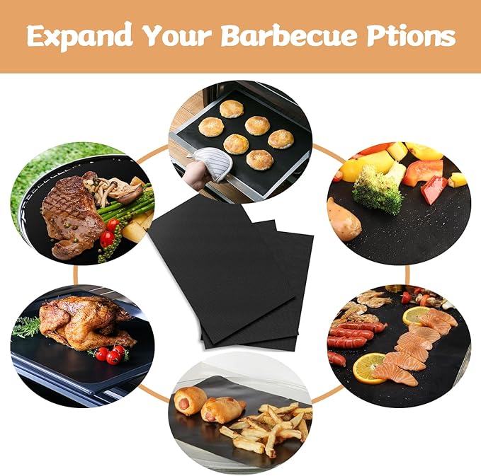 Reusable Grill Mats for Outdoor Grill Set of 6,Heavy Duty Non-Stick BBQ Mats & Oven Liner,Easy to Clean,Works on Gas, Charcoal & Electric Grills - 15.75 x 13 Inch,Black
