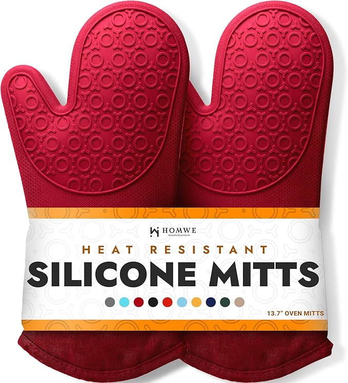 BPA-Free Silicone Oven Mitts Ultra Heat Resistant up to 500°F - Oven Mitts with Thick Cotton Liner - Long Slip Resistant Pot Holders, Flexible Oven Gloves - Empire Red 13.7