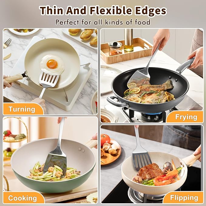 Stainless Steel Spatula, Metal Spatula Solid Turner, Heavy Duty Sturdy Spatulas for Kitchen Use, High Heat Resistant Cooking Utensils for Fish Eggs Pancakes, Dishwasher Safe, Easy to Clean, Silver