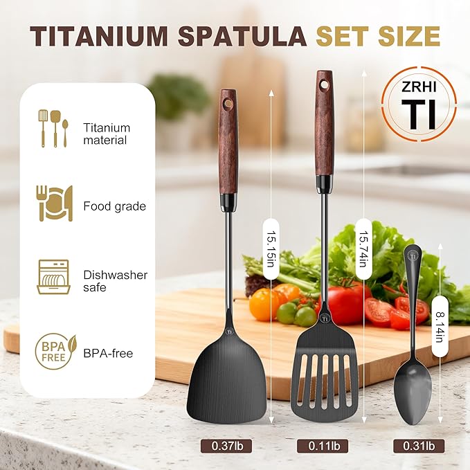 Titanium Spatula Set of 3 for Kitchen, Kitchen Utensil Set Pure Titanium, Food Grade, High Heat Resistant Cooking Utensils, Easy to Clean, Black