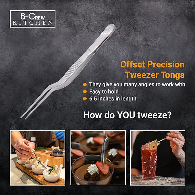 8-CREW KITCHEN Culinary Stainless Steel Tweezers, 6-inch Set of 3 Chef Precision Tongs for Plating, Decorating, Food Design, Bar and Multi-Purpose