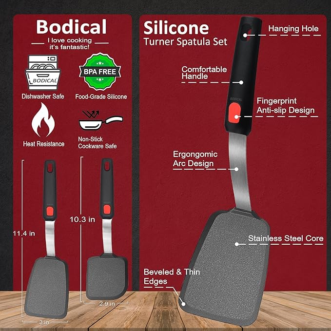 2 Pack Silicone Spatula Turner, 600°F Heat Resistant Kitchen Spatula Set for Nonstick Cookware, Cooking Utensil Set for Egg Pancake Flipper/Heat Resistant Silicone Grip