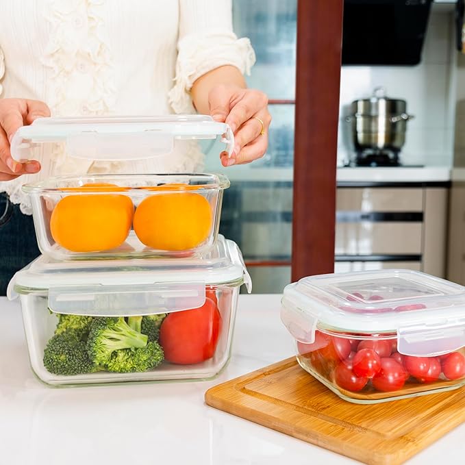 Razab 6 PC Square Glass Food Storage Containers with Airtight lids (74, 40 & 27 oz) Kitchen Glass Meal Prep Containers Set for Freezer Reusable Leftover Lunch Boxes, Oven, Microwave, Dishwasher Safe