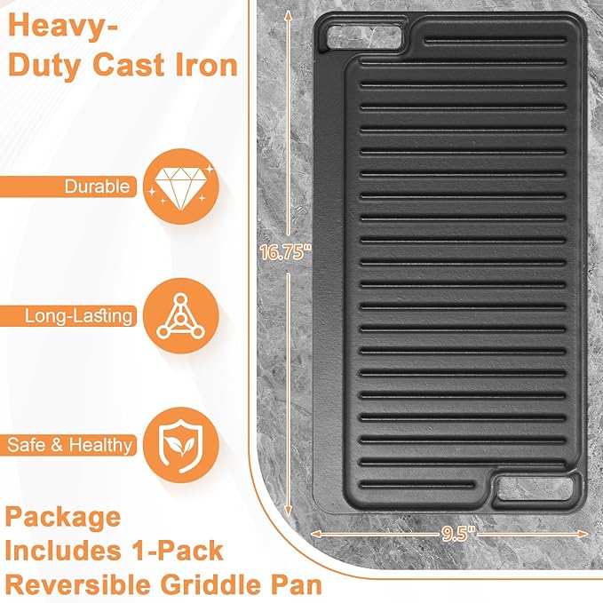 Large Cast Iron Griddle Insert, Universal Skillet, Oblong Grilling Pan for Stovetop,Pre-Seasoned Griddle Gas Stove Grill Plate Oven, 16.75" x 9.5" Reversible Pancake Pan for Weber,Charbroil etc.,1PC