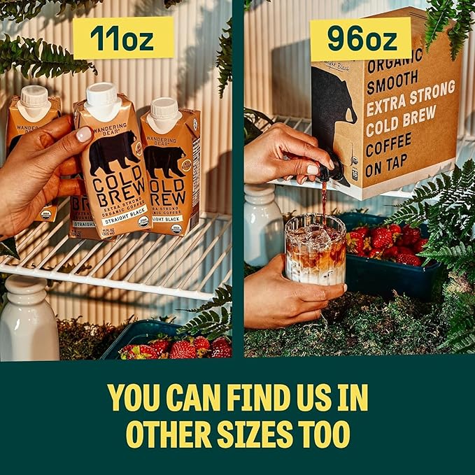 Wandering Bear Espresso Roast Organic Cold Brew Coffee - Extra Strong Bold, Smooth, No Sugar Added, Shelf-Stable, Ready to Drink, 100% Organic Iced Cold Brewed Coffee Drink - 32 fl oz, 3 pack
