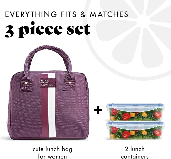 Fit & Fresh Lunch Bag For Women, Insulated Womens Lunch Bag For Work, Leakproof & Stain-Resistant Large Lunch Box For Women With 2 Large Containers, Zipper Closure Bloomington Lunch Bag, Plum Stripe