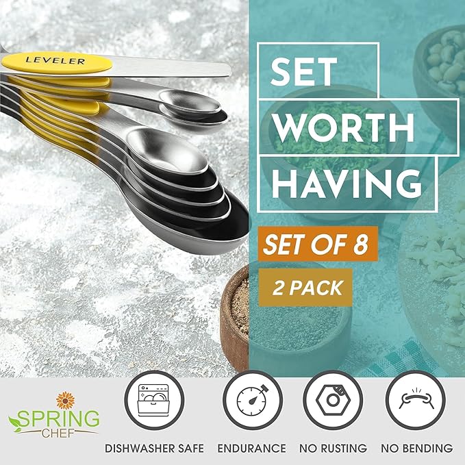 Spring Chef Magnetic Measuring Spoons Set, Dual Sided, Stainless Steel, Fits in Spice Jars, Yellow, Set of 8, 2 Pack