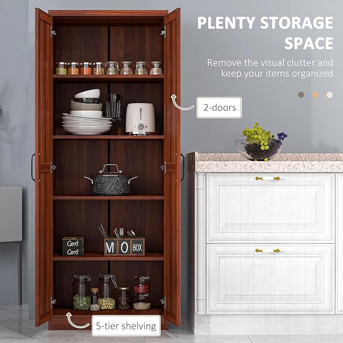 HOMCOM 63" 2-Door Kitchen Pantry, Freestanding Storage Cabinet with 5-Tier Shelving and 2 Adjustable Shelves for Dining Room, Tan