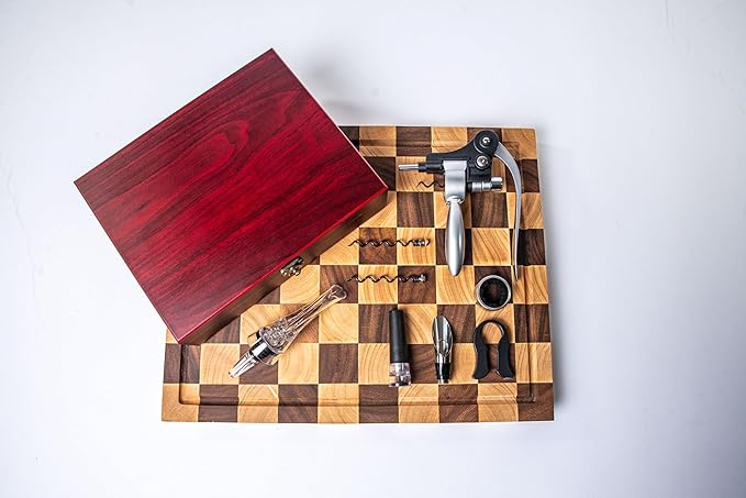 Wine Bottle Opener Set with Accessories Matte Silver in Wood Box, Aerator, Extra Screws, Foil Cutter, Pourer, Vaccu Stopper, Winged Wine Opener, Rabbit Red Wine Corkscrew Set (Matte Silver)