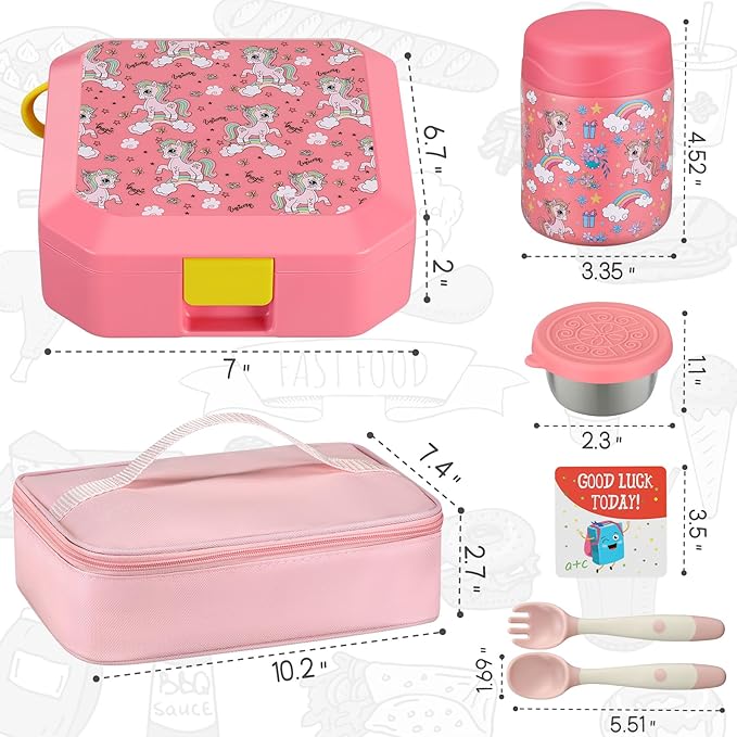 Itslife Bento Lunch Box Set for Kids with 12oz Soup Thermo&Lunch Bag, Leak-Proof Lunch Food Containers for Kids School, 5 Compartment, Sauce Cup, 10 Notes (Unicorn Pink)