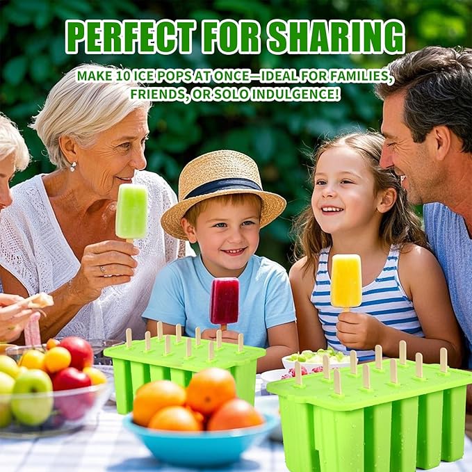 Popsicles Molds,10-Cav Silicone Popsicle Molds for Kid, BPA-Free Popsicle Mold, Ice Pop Mold Maker, Food Preparation Molds With 50 Bags, 50 Strips and Funnel (#Green)