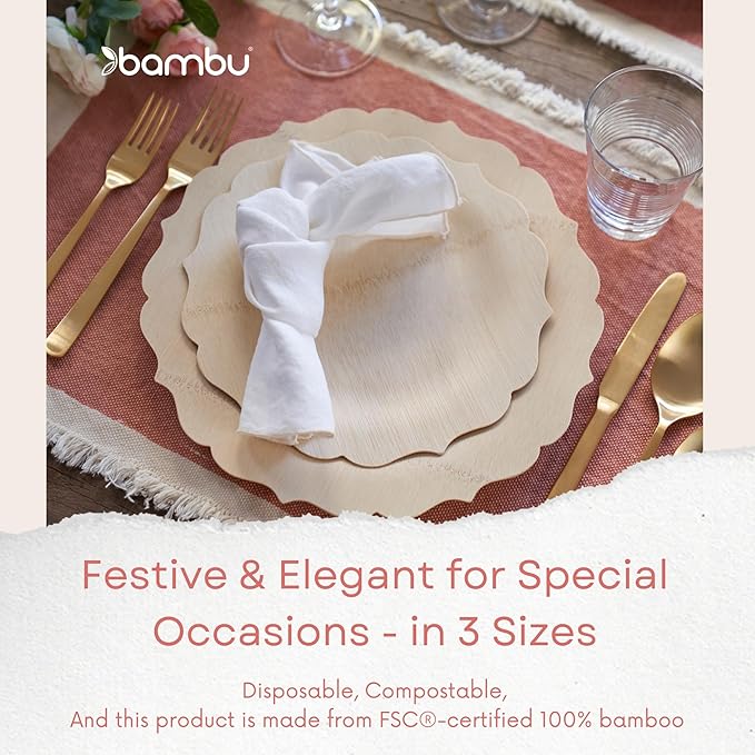 Bambu Pack of 25-7 Inch Disposable Bamboo Plates Fancy, Biodegradable Eco Friendly Products, Bamboo Disposable Plates for Party, Weddings, and Events, Great For Any Occasion, Compostable Plates