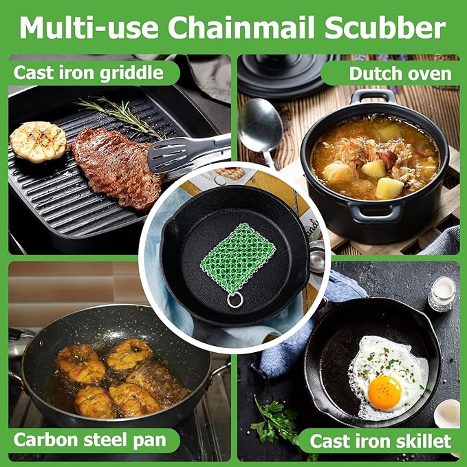 Cast Iron Scrubber,Easily Removes Stains, Protects Coatings, with Bamboo Fiber Cloth & Pan Scraper, Ideal for Cast Iron Pans, Dutch Roast Pans