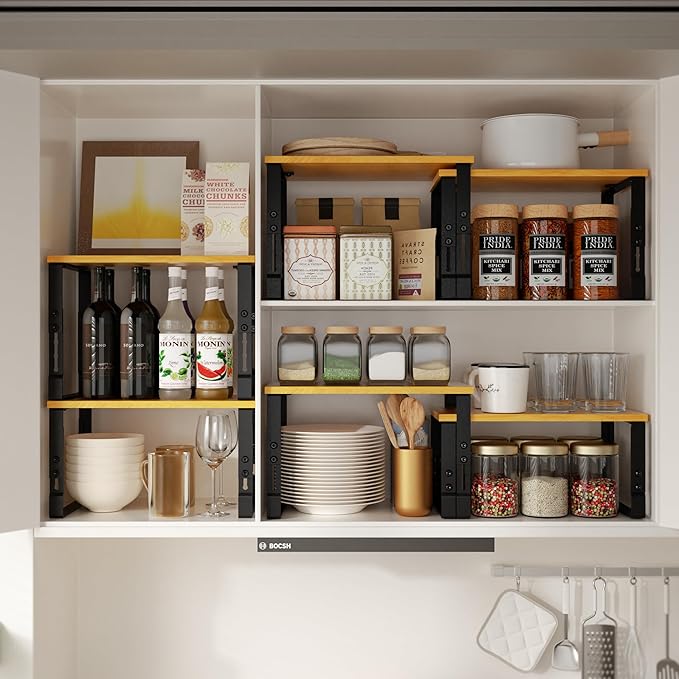 Adjustable Storage Shelves for Kitchen Cabinet Organization - Set of 2 Stackable Metal & Solid Wood Racks, Space-Saving Design for Countertop/Pantry/Garage, Easy Assembly(2 Packs/Large/Black)