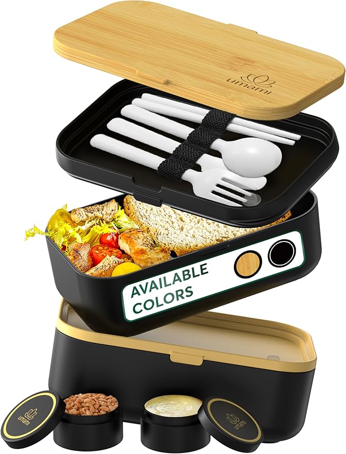 Umami Bento Box Adult All-In-1 w/4 Utensils, 2 Sauce Jars 2 Dividers, Bamboo Lid, 100% Leakproof, Microwave & Dishwasher Safe Stackable Bento Lunch Box Containers for Men/Women, Black Beige, 68 oz