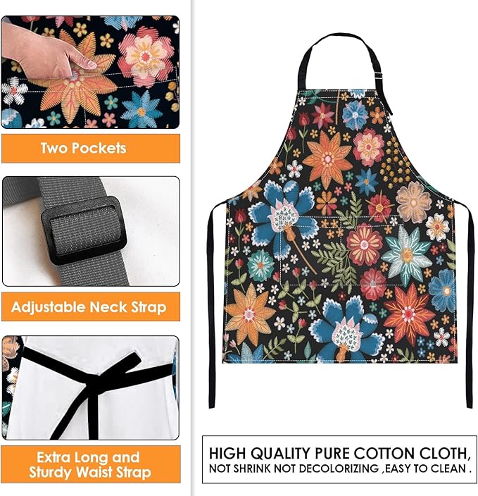 Britimes Apron Home Kitchen Cooking Baking Gardening for Women Men With Pockets Colorful Floral Flower Botanical Summer Vintage 32x28 inch