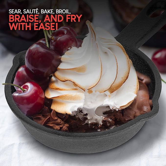 Modern Innovations Mini Black Cast Iron Skillet Set with Silicone Mitt (48 Count) - 3.5 Inch Pans, Pre Seasoned Small Skillets for Baked Cookie/Brownie or Cooked Eggs