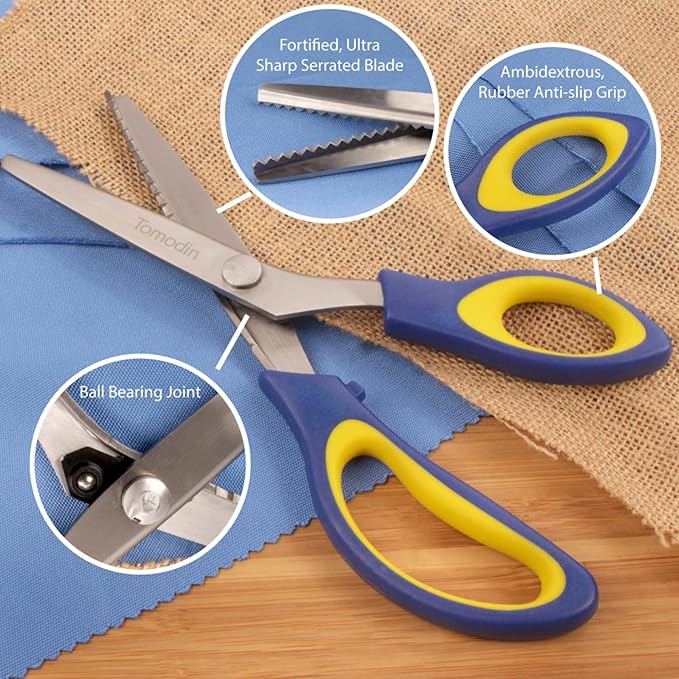 BambooMN Titanium Softgrip Scissors Set - Pinking, Sewing, Arts, Crafts, Office - 30 Sets of 4 - Blue w/Yellow