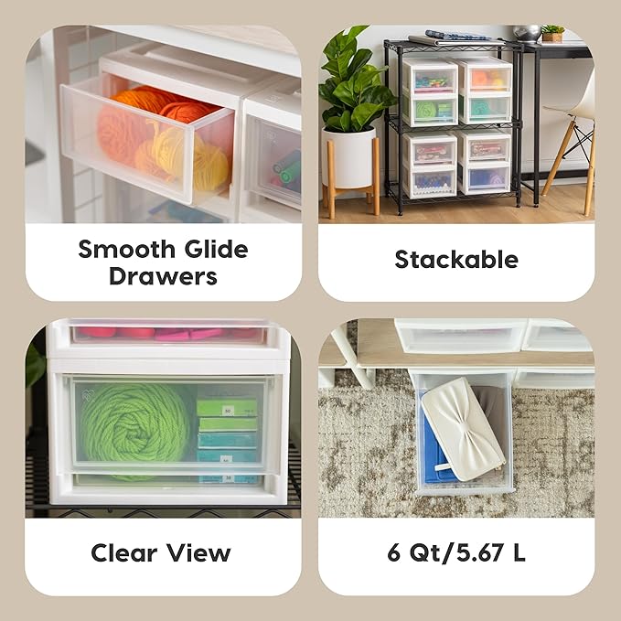 IRIS USA 6 Qt. Small Plastic Stacking Drawer, Stackable Storage Organizer Unit with Sliding Drawer for Bedroom Kitchen Under Sink Pantry Craft Room Dorm Office, White, 4-Pack