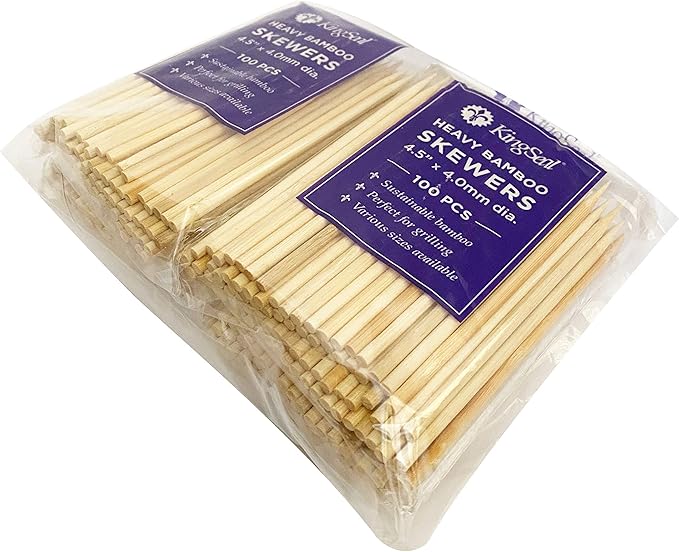 KingSeal Renewable Bamboo Heavy Duty Skewers, Sticks, 4.5 Inches x 3.8 mm diameter - 4 Bags of 100 Skewers (400 Count)
