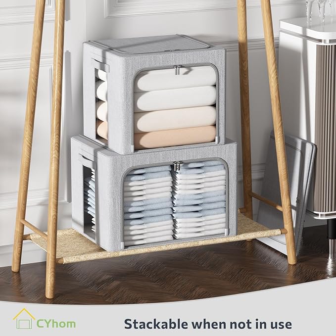 Clothes Storage Bins Box - Foldable Stackable Container Organizer Set with Clear Window & Carry Handles & Metal Frame - 2Pack Large Capacity for Bedding, Blankets, Books